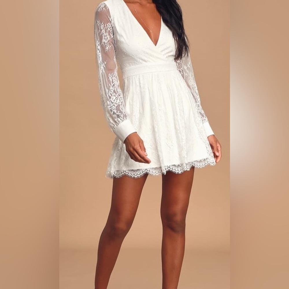 NWT Lulus “Promise Me This” White Lace Long Sleeve Skater Dress